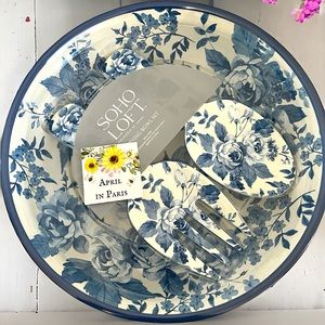 Shabby Chic Salad Pasta Bowl with Serving Utensils 3-Pc Set